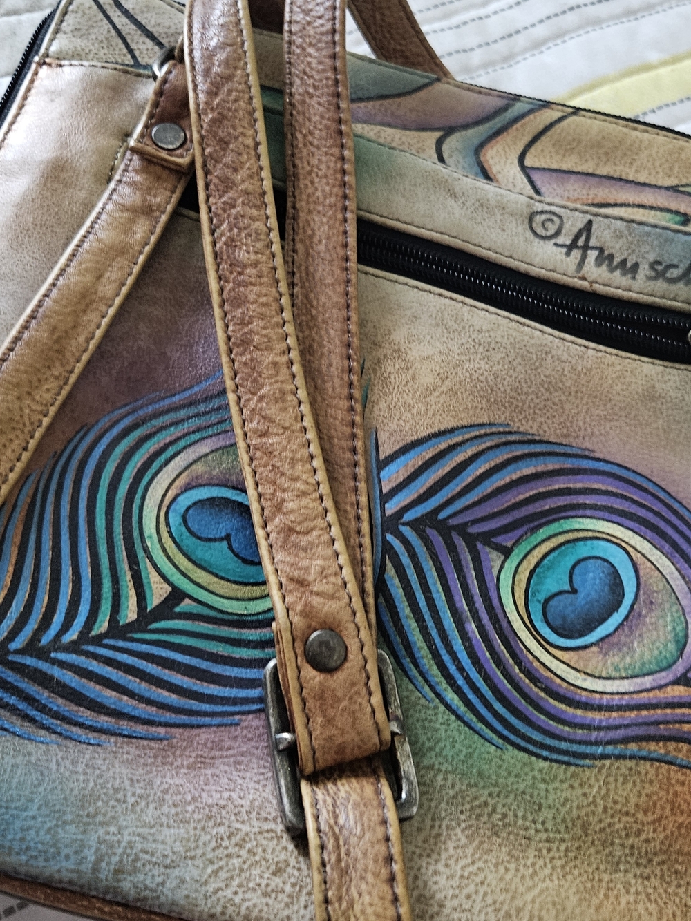 Anuschka Hand-Painted Peacock Feather Leather Crossbody in Teal, Blue, Purple - Picture 10 of 13